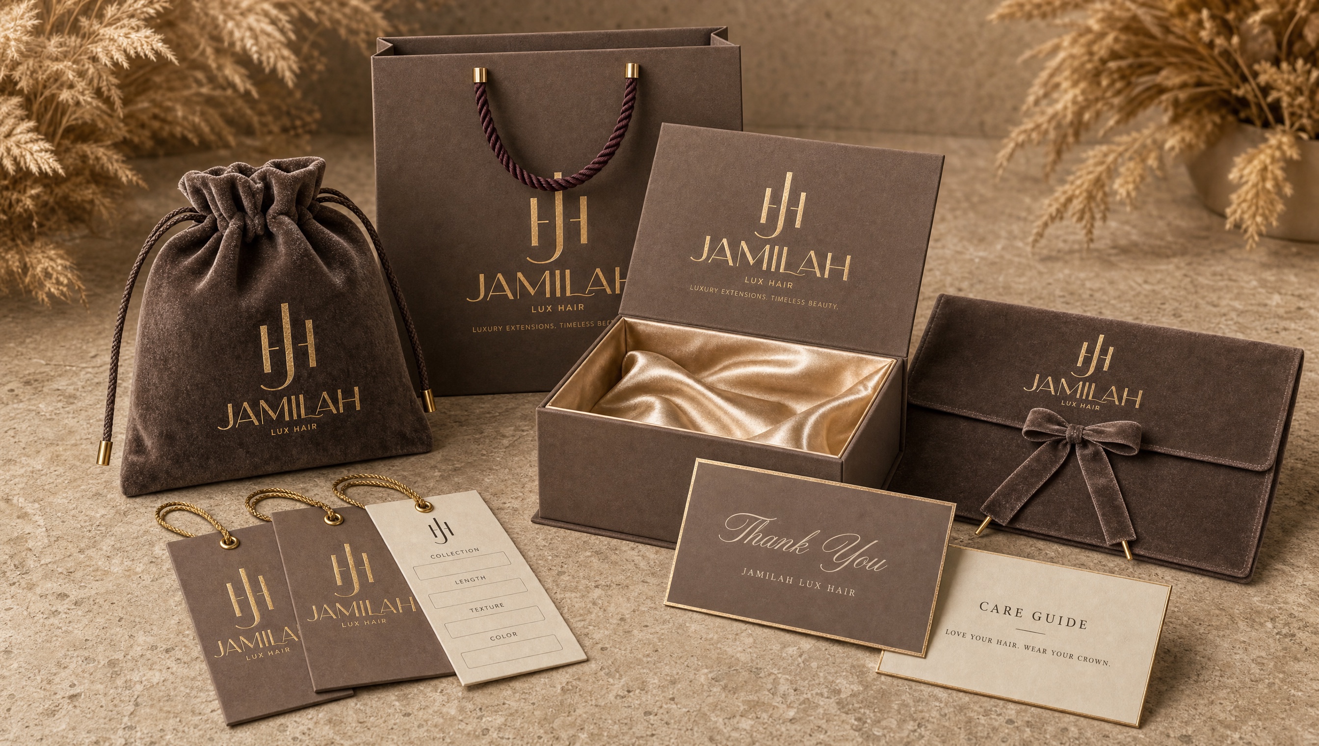 The full Jamilah Lux Hair packaging system together